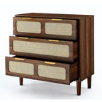 Commode 3 tiroirs en rotin, style bohème moderne du milieu du siècle, avec cadre en MDF et pieds en bois massif, commode