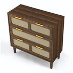 Commode 3 tiroirs en rotin, style bohème moderne du milieu du siècle, avec cadre en MDF et pieds en bois massif, commode