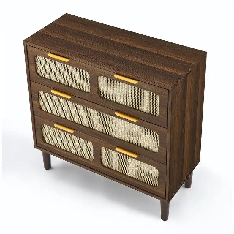 Commode 3 tiroirs en rotin, style bohème moderne du milieu du siècle, avec cadre en MDF et pieds en bois massif, commode