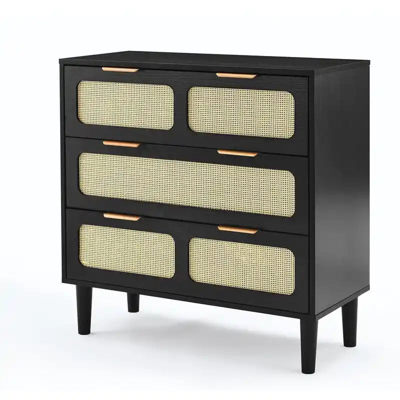 Commode 3 tiroirs en rotin, style bohème moderne du milieu du siècle, avec cadre en MDF et pieds en bois massif, commode
