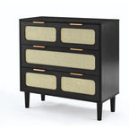 Commode 3 tiroirs en rotin, style bohème moderne du milieu du siècle, avec cadre en MDF et pieds en bois massif, commode