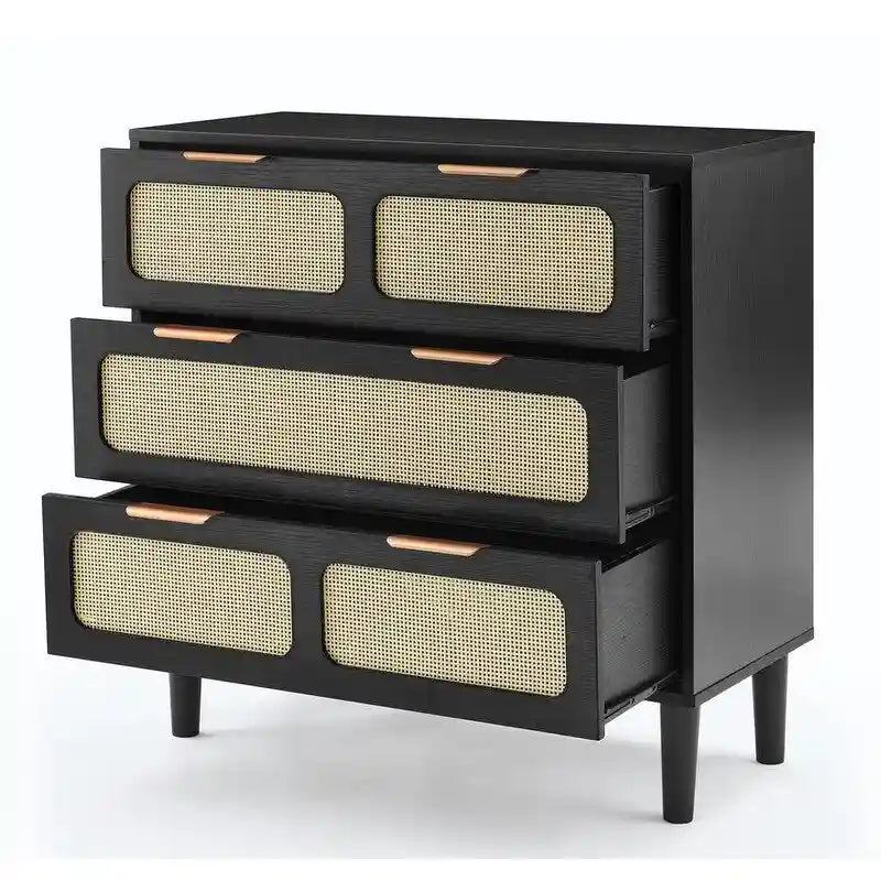 Commode 3 tiroirs en rotin, style bohème moderne du milieu du siècle, avec cadre en MDF et pieds en bois massif, commode