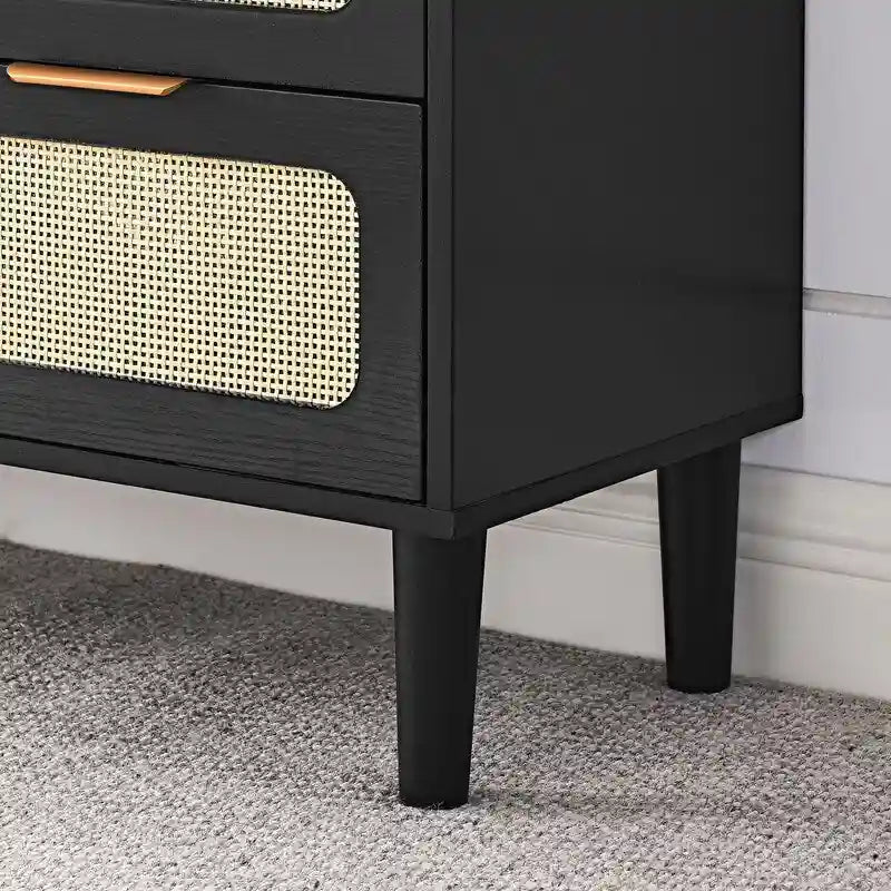 Commode 3 tiroirs en rotin, style bohème moderne du milieu du siècle, avec cadre en MDF et pieds en bois massif, commode