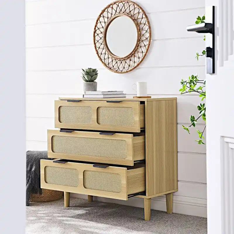 Commode 3 tiroirs en rotin, style bohème moderne du milieu du siècle, avec cadre en MDF et pieds en bois massif, commode