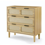 Commode 3 tiroirs en rotin, style bohème moderne du milieu du siècle, avec cadre en MDF et pieds en bois massif, commode