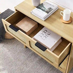 Commode 3 tiroirs en rotin, style bohème moderne du milieu du siècle, avec cadre en MDF et pieds en bois massif, commode