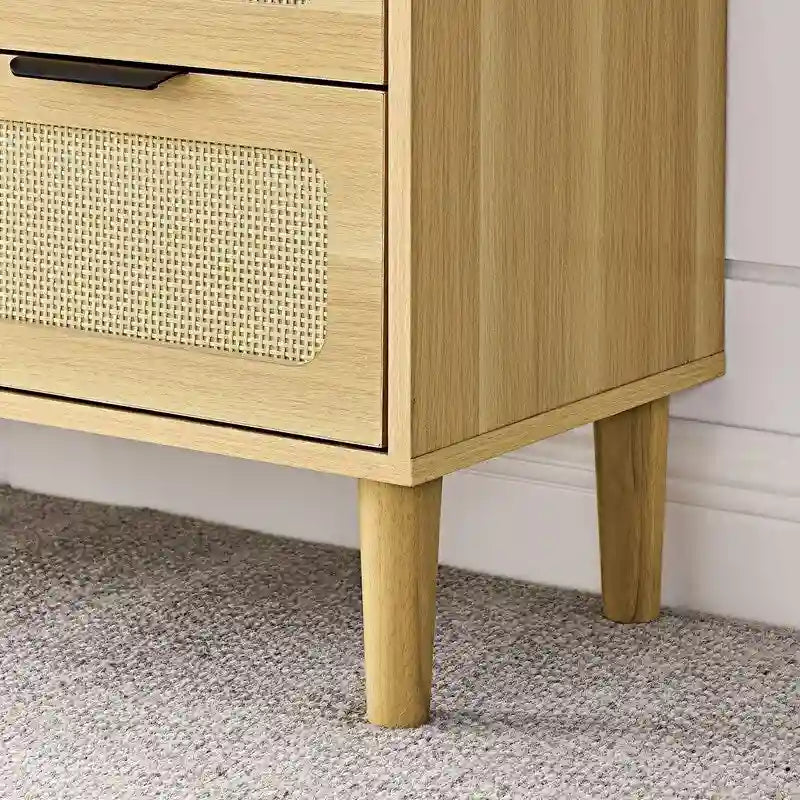 Commode 3 tiroirs en rotin, style bohème moderne du milieu du siècle, avec cadre en MDF et pieds en bois massif, commode