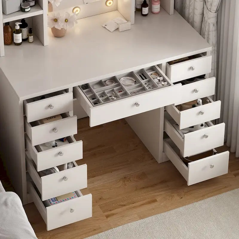 Coiffeuse avec miroir, tiroirs et étagères
