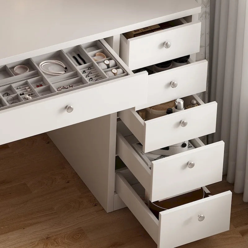 Coiffeuse avec miroir, tiroirs et étagères