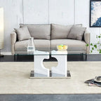 Une table basse rectangulaire moderne et tendance avec un plateau en verre trempé et des pieds en MDF blanc