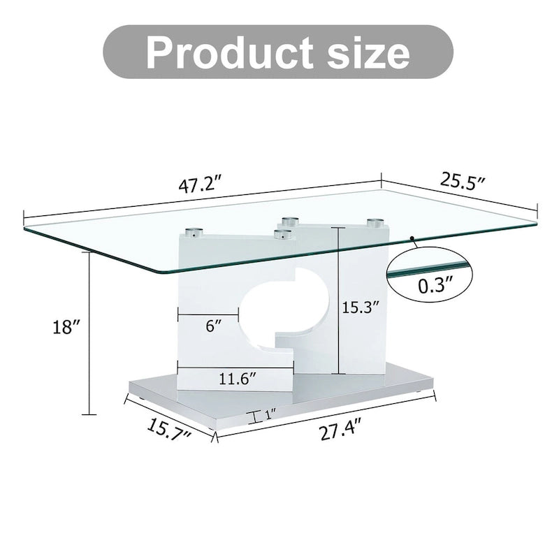 Une table basse rectangulaire moderne et tendance avec un plateau en verre trempé et des pieds en MDF blanc