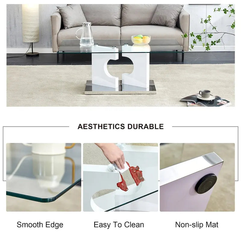 Une table basse rectangulaire moderne et tendance avec un plateau en verre trempé et des pieds en MDF blanc