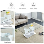 Une table basse rectangulaire moderne et tendance avec un plateau en verre trempé et des pieds en MDF blanc