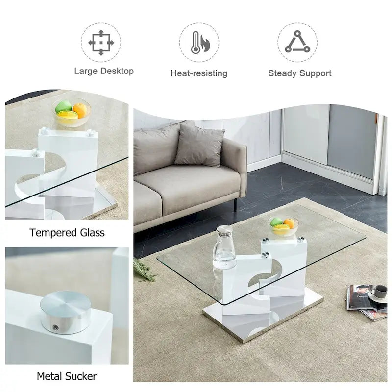 Une table basse rectangulaire moderne et tendance avec un plateau en verre trempé et des pieds en MDF blanc