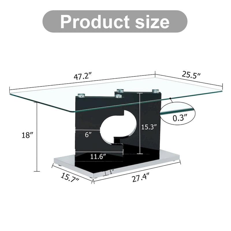 Une table basse rectangulaire moderne et tendance avec un plateau en verre trempé et des pieds en MDF blanc