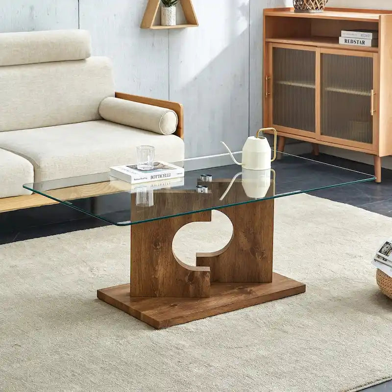 Une table basse rectangulaire moderne et tendance avec un plateau en verre trempé et des pieds en MDF blanc