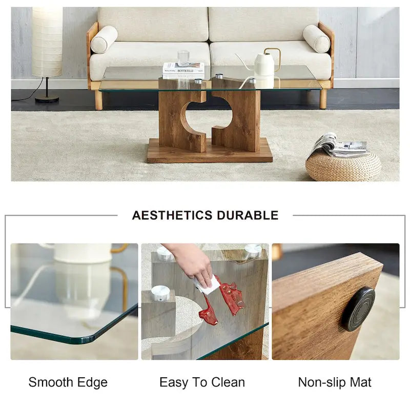 Une table basse rectangulaire moderne et tendance avec un plateau en verre trempé et des pieds en MDF blanc