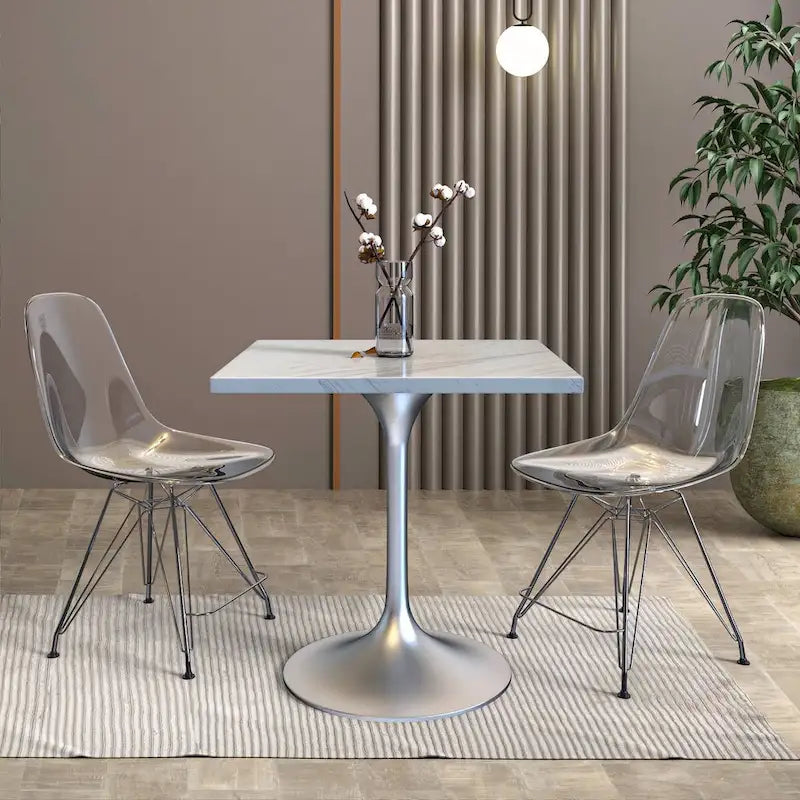 Table de salle à manger carrée avec plateau en résine marbrée blanche et base moderne en acier brossé pour cuisine