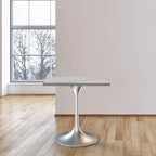 Table de salle à manger carrée avec plateau en résine marbrée blanche et base moderne en acier brossé pour cuisine
