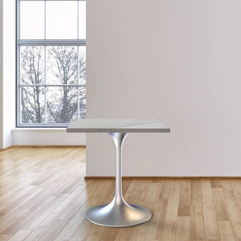 Table de salle à manger carrée avec plateau en résine marbrée blanche et base moderne en acier brossé pour cuisine
