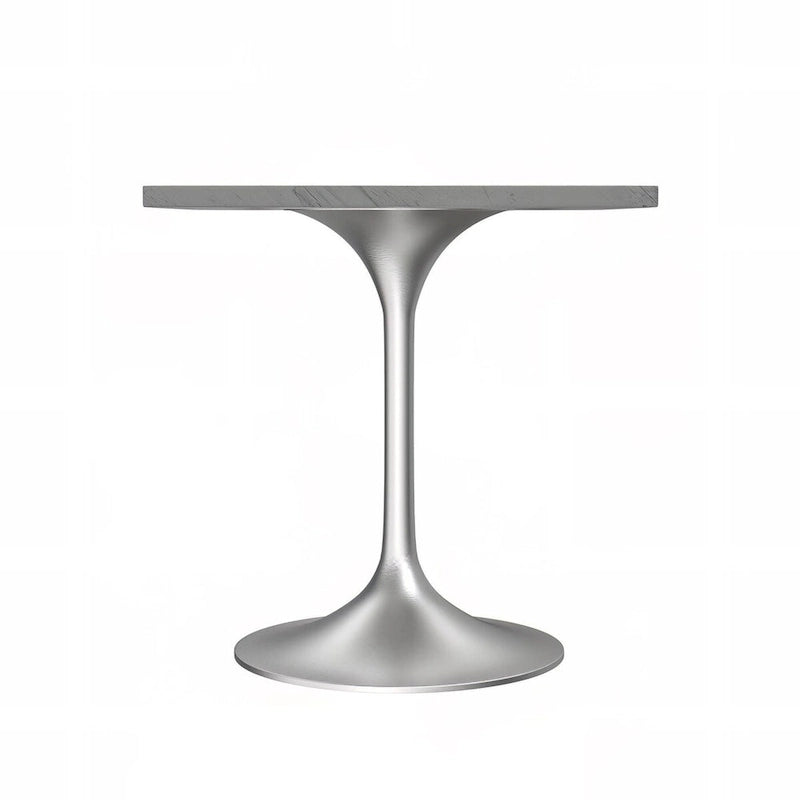 Table de salle à manger carrée avec plateau en résine marbrée blanche et base moderne en acier brossé pour cuisine