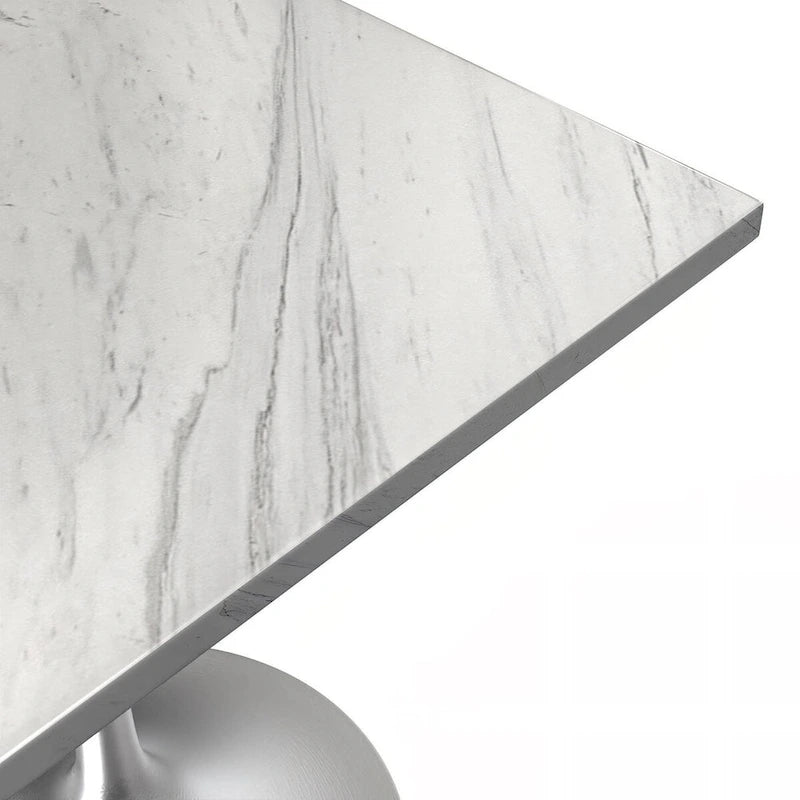 Table de salle à manger carrée avec plateau en résine marbrée blanche et base moderne en acier brossé pour cuisine