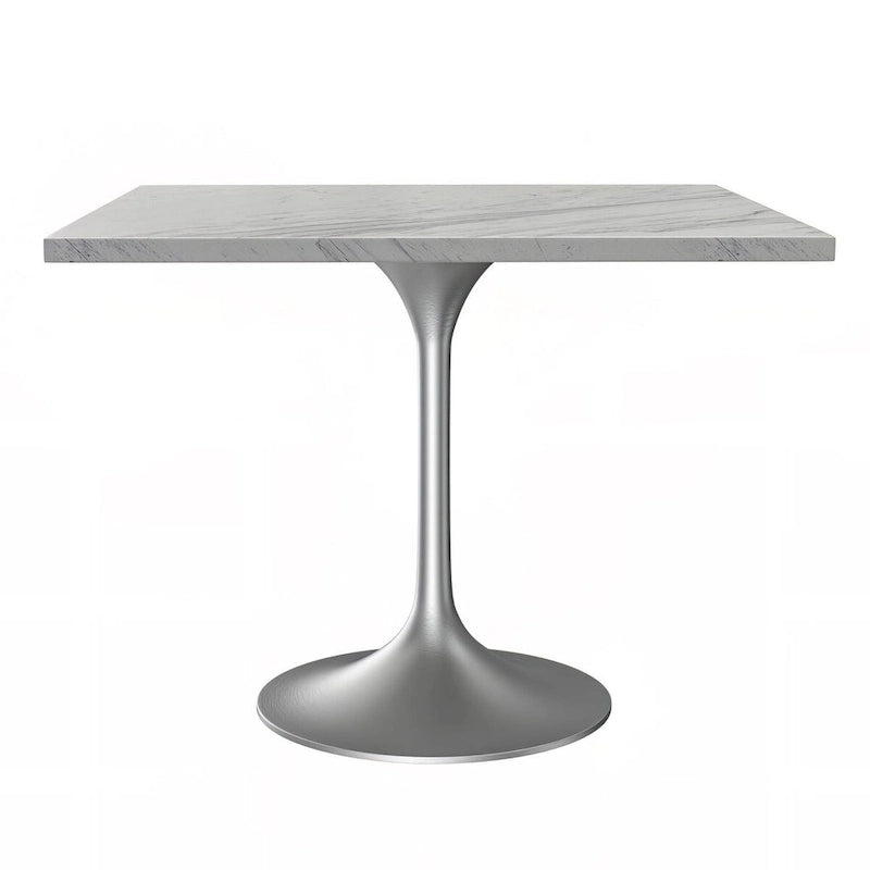 Table de salle à manger carrée avec plateau en résine marbrée blanche et base moderne en acier brossé pour cuisine