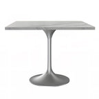 Table de salle à manger carrée avec plateau en résine marbrée blanche et base moderne en acier brossé pour cuisine
