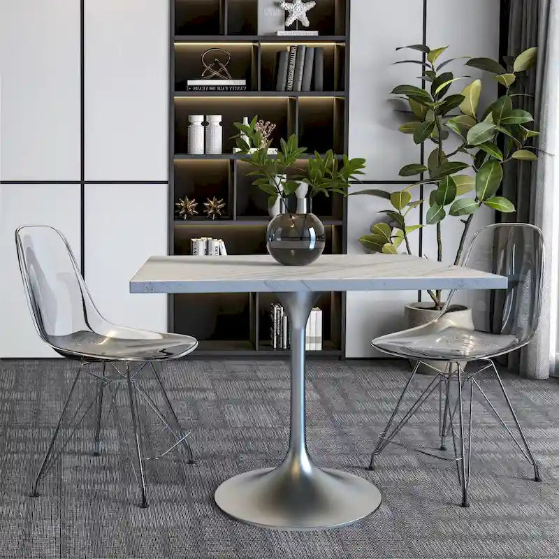 Table de salle à manger carrée avec plateau en résine marbrée blanche et base moderne en acier brossé pour cuisine