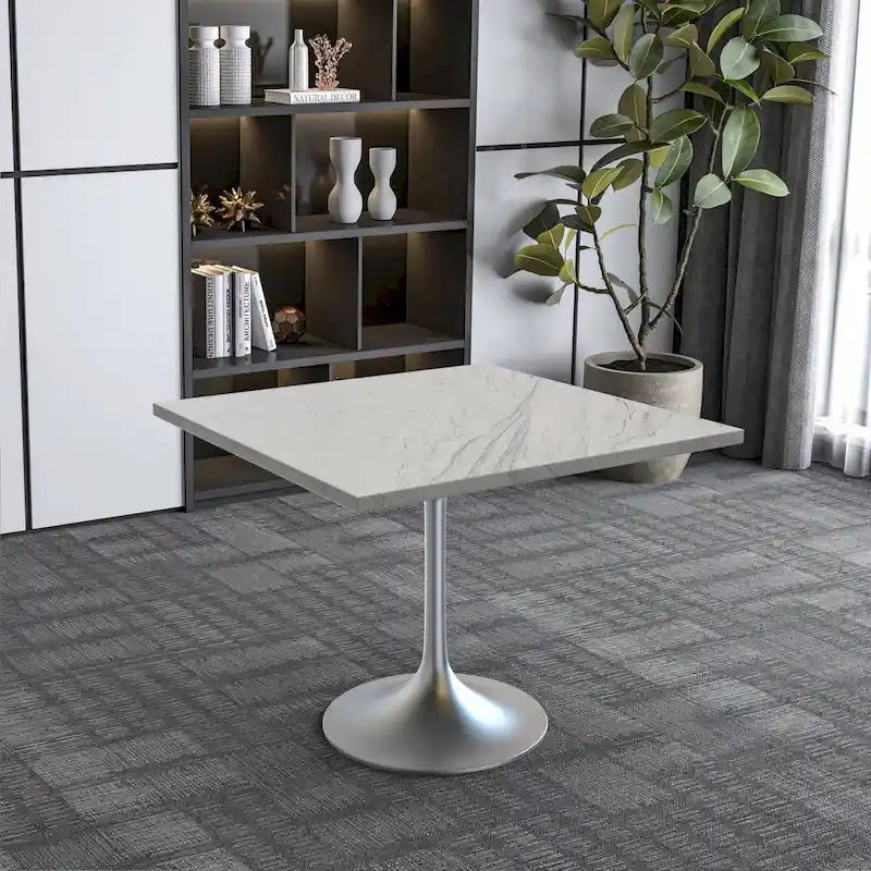 Table de salle à manger carrée avec plateau en résine marbrée blanche et base moderne en acier brossé pour cuisine