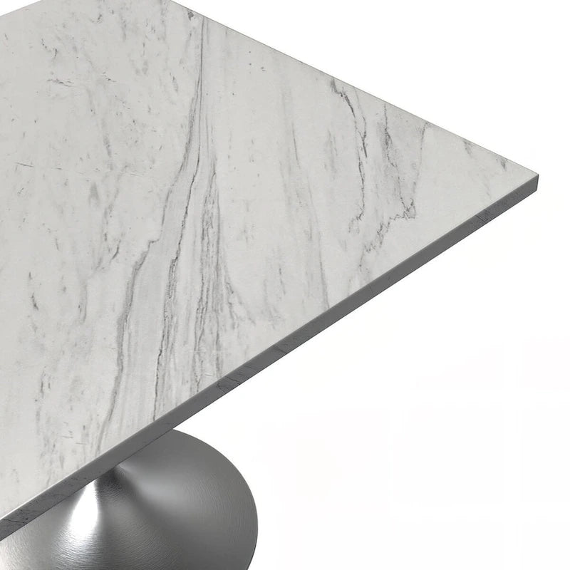 Table de salle à manger carrée avec plateau en résine marbrée blanche et base moderne en acier brossé pour cuisine