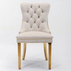 Chaises de salle à manger contemporaines haut de gamme en velours touffeté et bois massif avec pieds en acier inoxydable doré, lot de 2