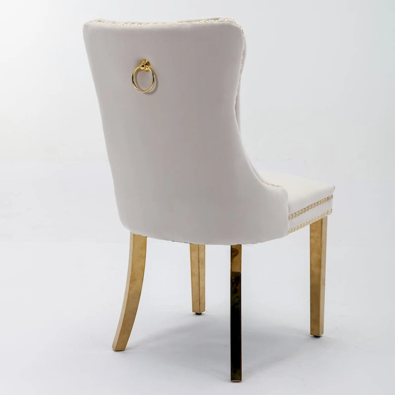 Chaises de salle à manger contemporaines haut de gamme en velours touffeté et bois massif avec pieds en acier inoxydable doré, lot de 2