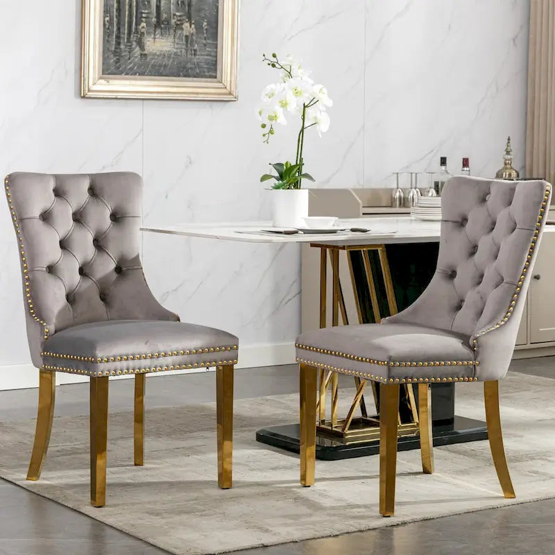 Chaises de salle à manger contemporaines haut de gamme en velours touffeté et bois massif avec pieds en acier inoxydable doré, lot de 2