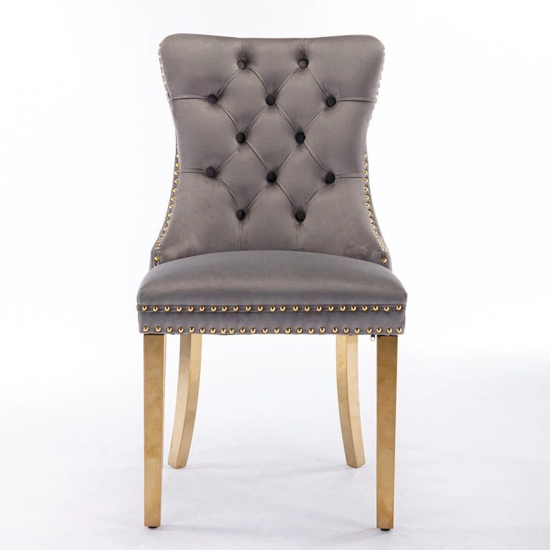 Chaises de salle à manger contemporaines haut de gamme en velours touffeté et bois massif avec pieds en acier inoxydable doré, lot de 2