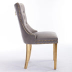 Chaises de salle à manger contemporaines haut de gamme en velours touffeté et bois massif avec pieds en acier inoxydable doré, lot de 2