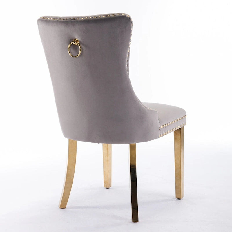 Chaises de salle à manger contemporaines haut de gamme en velours touffeté et bois massif avec pieds en acier inoxydable doré, lot de 2