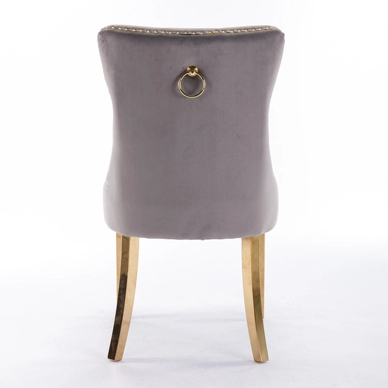 Chaises de salle à manger contemporaines haut de gamme en velours touffeté et bois massif avec pieds en acier inoxydable doré, lot de 2