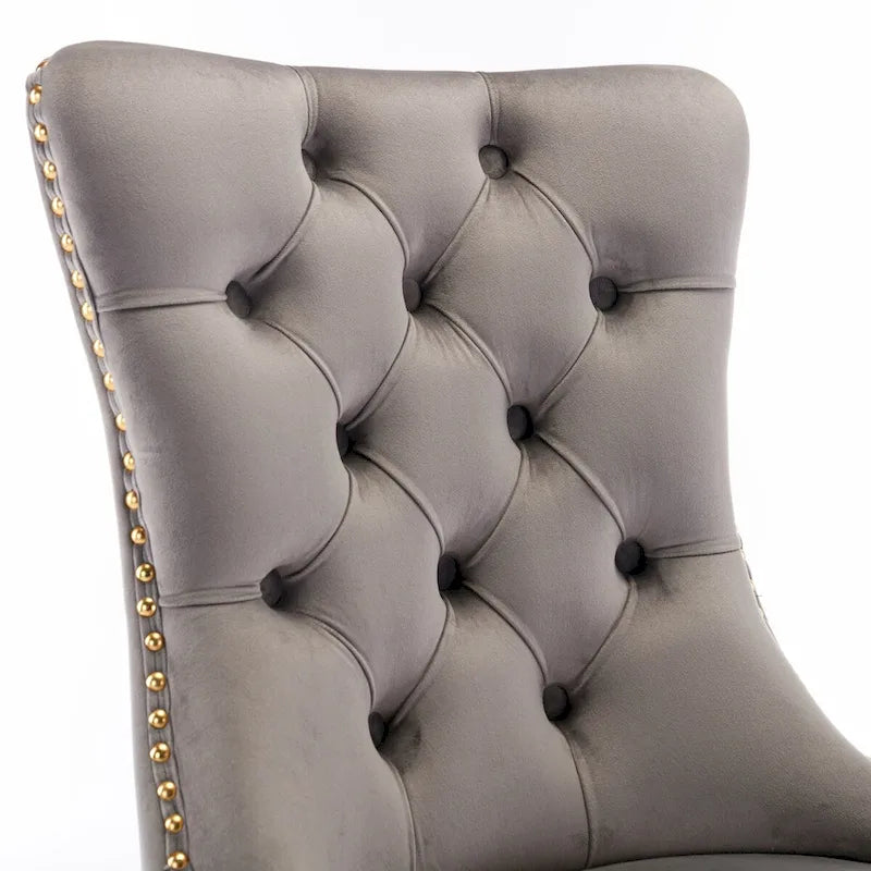 Chaises de salle à manger contemporaines haut de gamme en velours touffeté et bois massif avec pieds en acier inoxydable doré, lot de 2