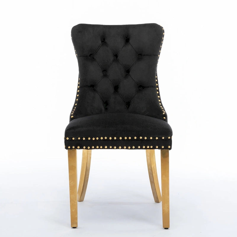 Chaises de salle à manger contemporaines haut de gamme en velours touffeté et bois massif avec pieds en acier inoxydable doré, lot de 2