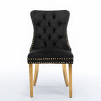 Chaises de salle à manger contemporaines haut de gamme en velours touffeté et bois massif avec pieds en acier inoxydable doré, lot de 2