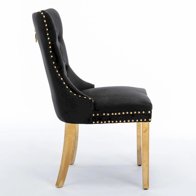 Chaises de salle à manger contemporaines haut de gamme en velours touffeté et bois massif avec pieds en acier inoxydable doré, lot de 2