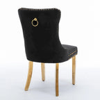 Chaises de salle à manger contemporaines haut de gamme en velours touffeté et bois massif avec pieds en acier inoxydable doré, lot de 2