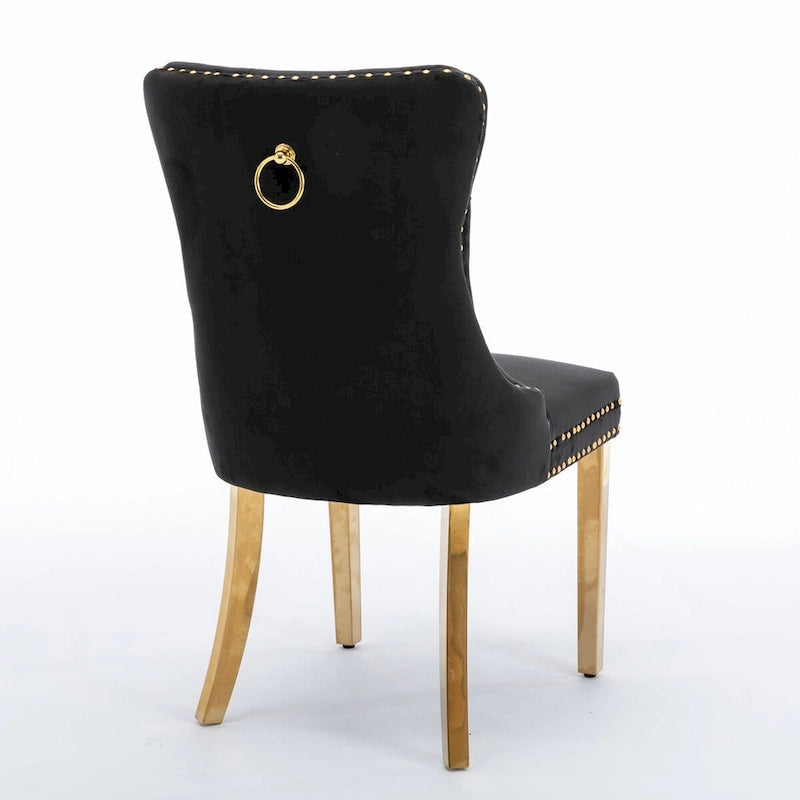 Chaises de salle à manger contemporaines haut de gamme en velours touffeté et bois massif avec pieds en acier inoxydable doré, lot de 2
