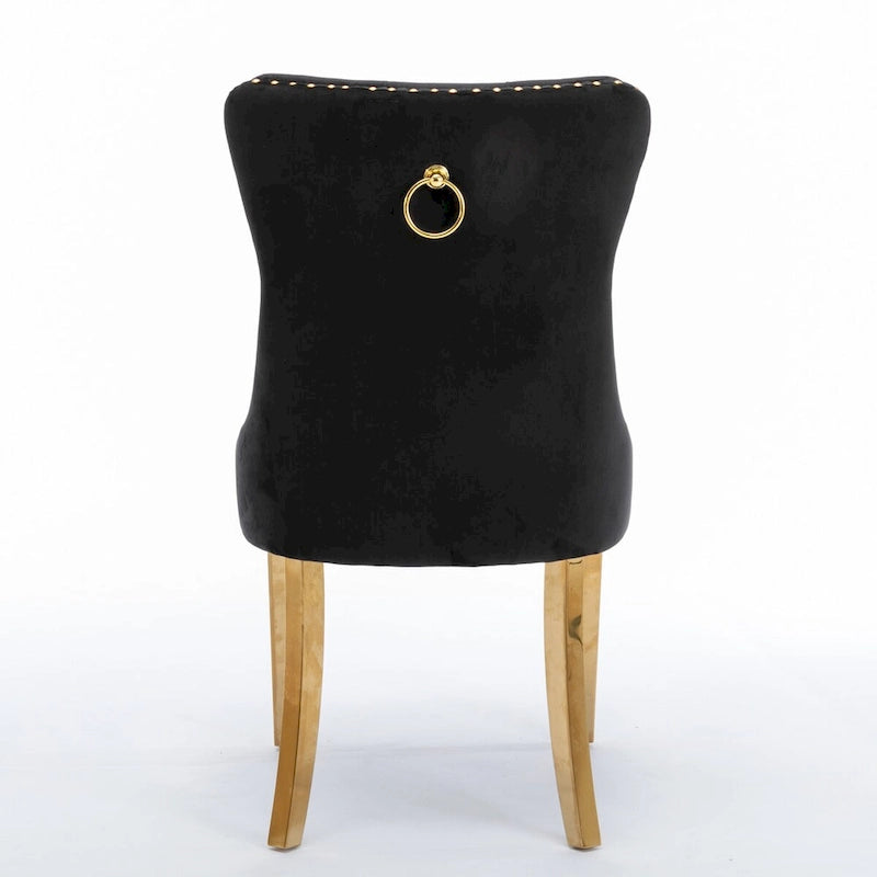 Chaises de salle à manger contemporaines haut de gamme en velours touffeté et bois massif avec pieds en acier inoxydable doré, lot de 2