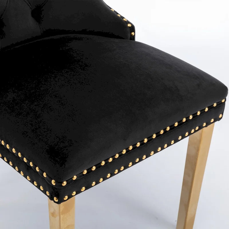Chaises de salle à manger contemporaines haut de gamme en velours touffeté et bois massif avec pieds en acier inoxydable doré, lot de 2