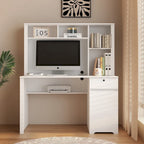Bureau d'ordinateur avec étagère, bureau en bois pour adolescents, pour écrire, ordinateur portable, maison, bureau avec tiroirs, 3 prises CA et 2 ports de chargement USB