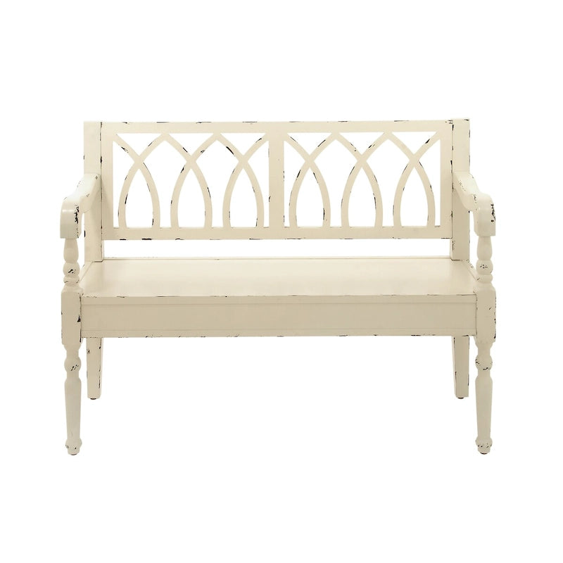 Banc en bois vieilli avec dossier cintré et pieds tournés - Noir ou blanc