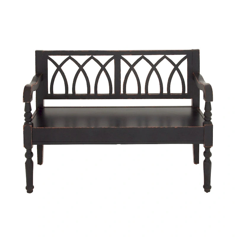 Banc en bois vieilli avec dossier cintré et pieds tournés - Noir ou blanc