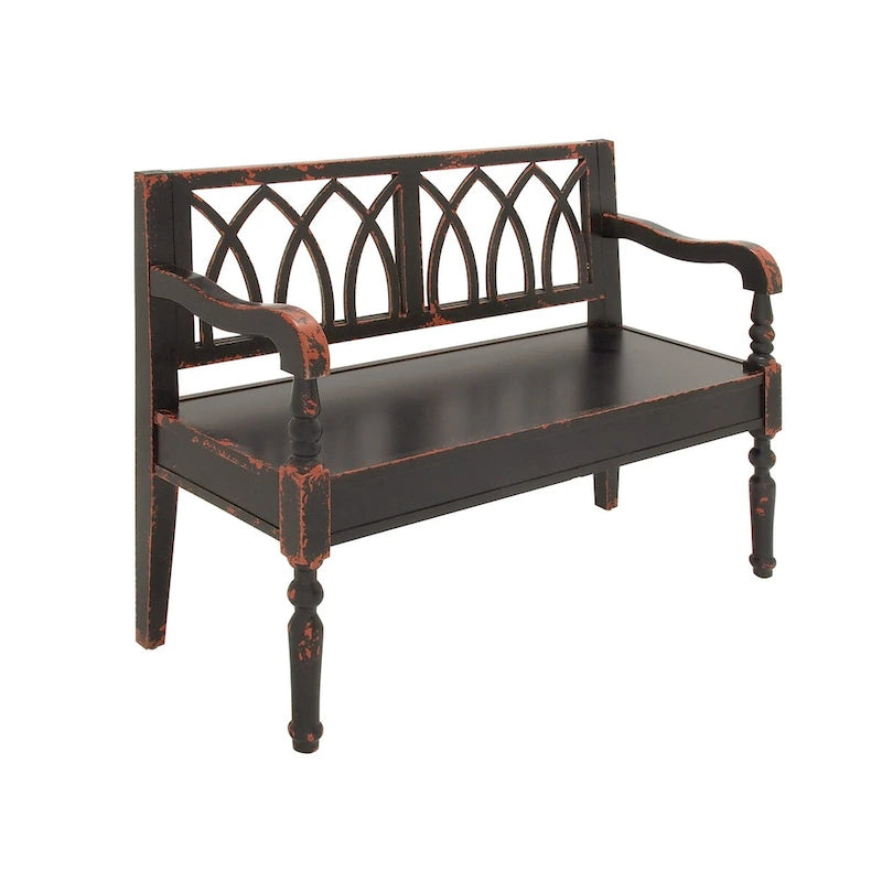 Banc en bois vieilli avec dossier cintré et pieds tournés - Noir ou blanc